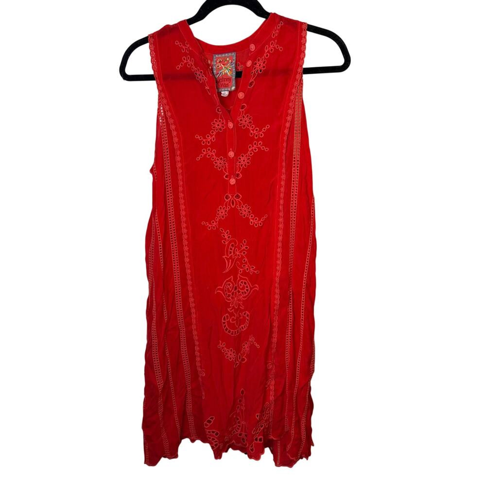 Johnny Was Rhodes Scarlett Red Embroidered Eyelet Cupra Sleeveless‎ Dress XS